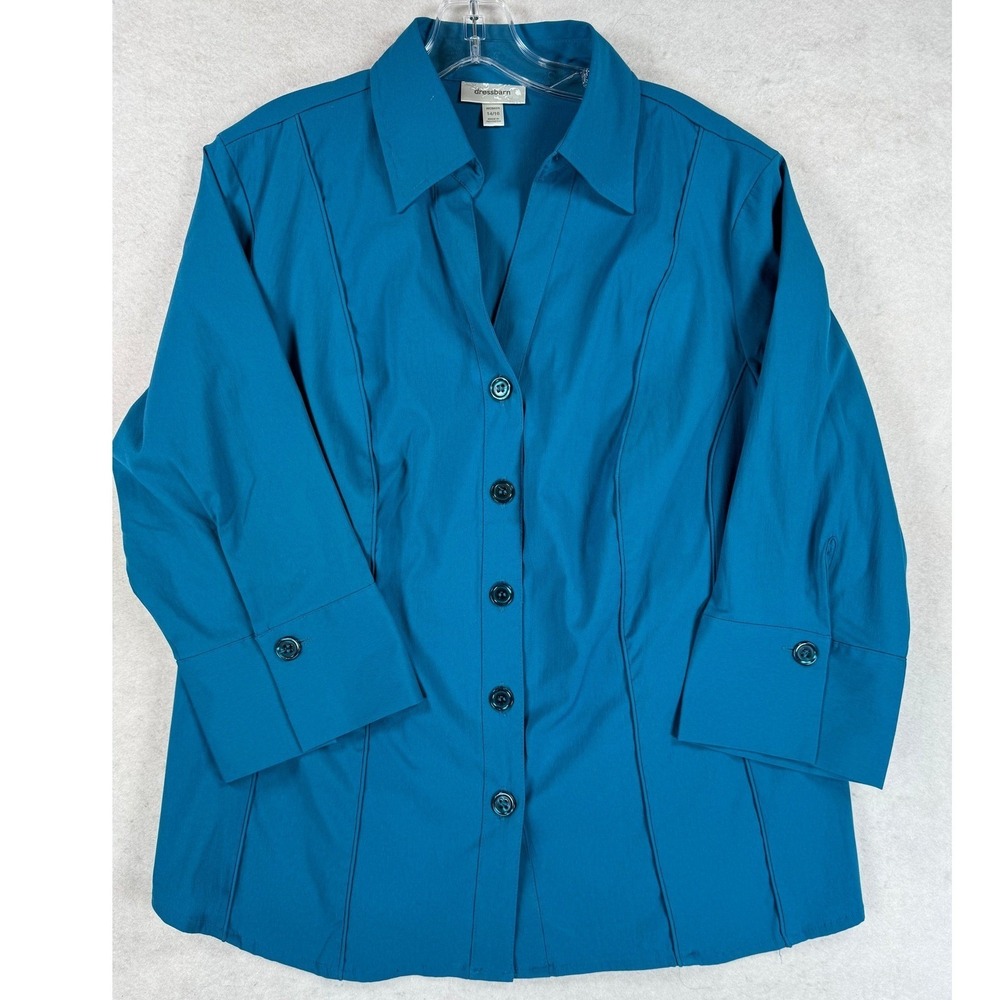 Dressbarn Womens Teal Blue 3/4 Sleeve Button Down Shirt Size 14/16 Stretch Top